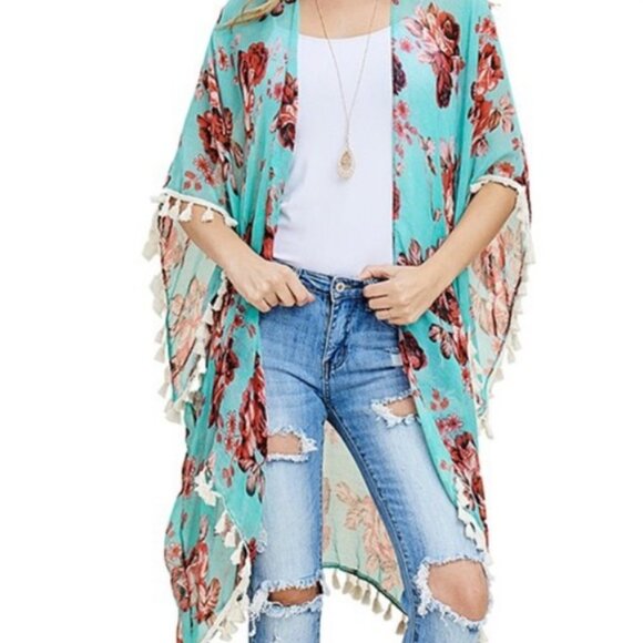 RIAH Green Kimono Floral Fringe Plus EUC 1X 2X L XL - Picture 7 of 8